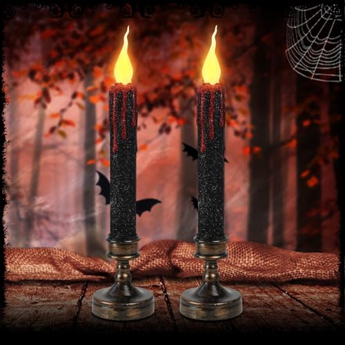 2 Stück Halloween LED Kerzen, Halloween Kerze mit Halter, Batteriebetrieben Flammenlose Stabkerzen LED mit Blutendes Design, LED Kerze Flackernde Flamme für Halloween Dekoration, Weihnachtsdeko (A) von Lergas