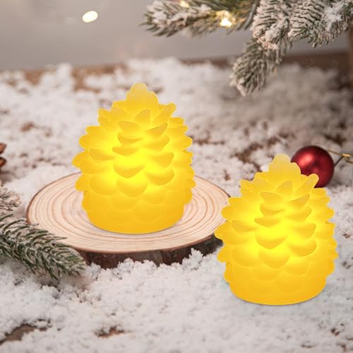 2 Stück Weihnachtsdeko Tannenzapfen LED Kerzen, 3D Tannenzapfen -Imitat Flammenlose Kerzen, Batteriebetrieben LED Tannenzapfen Kerze für Weihnachten Dekoration, Heimdekoration, Tischdeko (Beige A*2) von Lergas