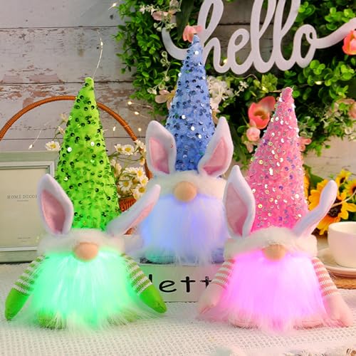 3 Stück Ostern Deko Wichtel, Handgemachte Osterhase Wichtel mit LED Licht, Frühling Deko Plüsch Osterhase Wichtel Figuren, LED Osterhasen Wichtel Puppen für Osterdekoration, Tischdekoration (03) von Lergas