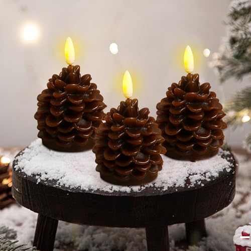 3 Stück Weihnachtsdeko Tannenzapfen LED Kerzen, 3D Tannenzapfen -Imitat Flammenlose Kerzen, Batteriebetrieben LED Tannenzapfen Kerze für Weihnachten Dekoration, Heimdekoration, Tischdeko (Braun B*3) von Lergas
