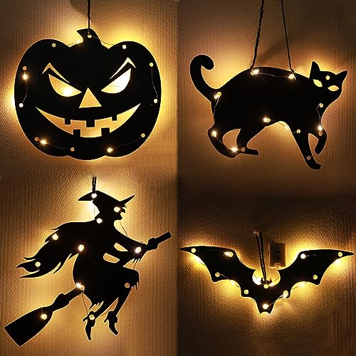 4 Stück Halloween Deko LED, Halloween Muster Acrylplatte mit Licht, Aufhängbar Halloween Fensterlichter, Halloween Scherenschnitt Licht für Fenster, Wände, Türen, Veranden Halloween Dekoration (B) von Lergas