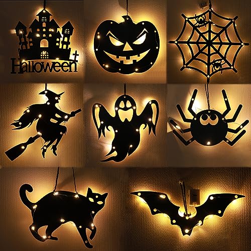 8 Stück Halloween Deko LED, Halloween Muster Acrylplatte mit Licht, Aufhängbar Halloween Fensterlichter, Halloween Scherenschnitt Licht für Fenster, Wände, Türen, Veranden Halloween Dekoration (C) von Lergas