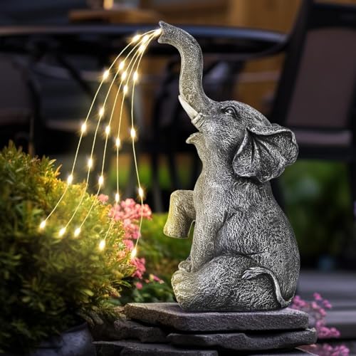 Elefant Gartendeko, Solar Elefant Statue Garten Deko mit LED Lichter, Außen Deko Garten Figuren Wetterfest, Solar Elefant Gartenfiguren für Balkon Deko, Garten Deko, Terrasse Deko, Teich Deko von Lergas