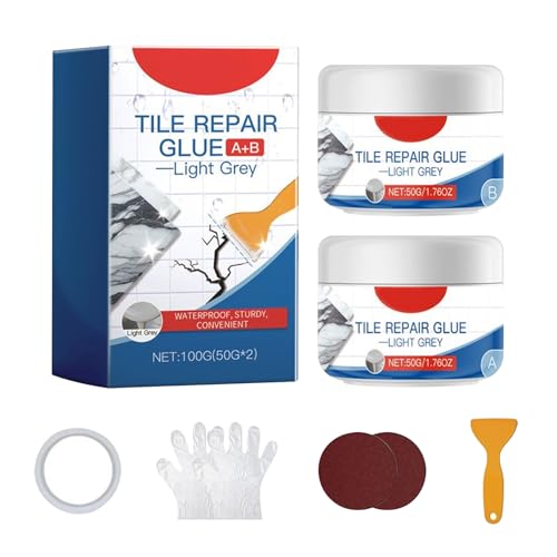 Fliesenreparaturset, 100g Wasserdichtes Fliesen Reparaturset, Fliesen Reparaturkleber zum Reparieren Von Kratzer Löcher Risse, Fliesenreparaturset für Waschbecken und Badewannen (Hellgrau, 1 Set) von Lergas