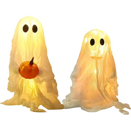 Halloween Deko Geist Nachtlicht, Leuchtender Geist mit Kürbis, Niedlicher Halloween Deko Innen Geister Licht Batteriebetrieben, Geister Halloweendeko LED Licht für Tischdeko Party Dekoration (B) von Lergas