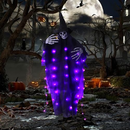 Halloween Deko Hängende Geister, Halloween Deko Gruselig Hexe Skelett mit Licht und Sound, Halloween Deko Horror Hängende Skelett Geist mit Hexehut für Halloween Deko Innen, Outdoor, Garten, Party Halloween Deko Hängende Geister, Halloween Deko Gruselig Hexe Skelett mit Licht und Sound, Halloween Deko Horror Hängende Skelett Geist mit Hexehut für Halloween Deko Innen, Outdoor, Garten, Party von Lergas