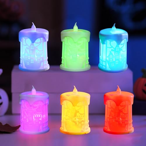 Halloween Deko Kerzen mit Batterie, Halloween Kerzen LED, 6 Stück LED Kerzenlichter Flackernde Flamme, Flammenlose Elektrische Kerze, Halloween-Teelichter, Horror Tisch Garten Deko Kerze (B) von Lergas