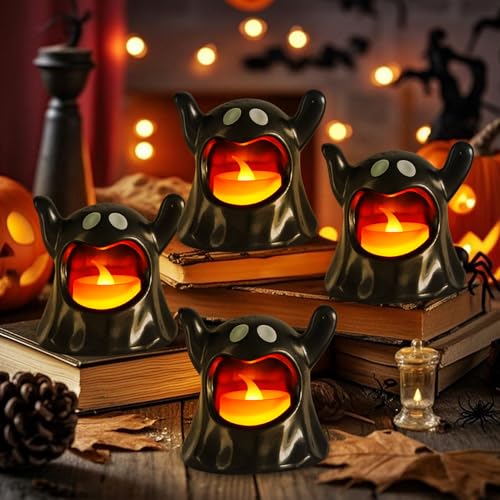 Halloween Deko LED Kerzen, Teelichter LED Geister, Halloween Kerzen Flammenlose, Leuchtende Geister Deko Windlicht,Halloweendeko Laterne,Kerze Teelicht für Tischdeko Party Dekoration Innen Außen (A*4) Halloween Deko LED Kerzen, Teelichter LED Geister, Halloween Kerzen Flammenlose, Leuchtende Geister Deko Windlicht,Halloweendeko Laterne,Kerze Teelicht für Tischdeko Party Dekoration Innen Außen (A*4) von Lergas