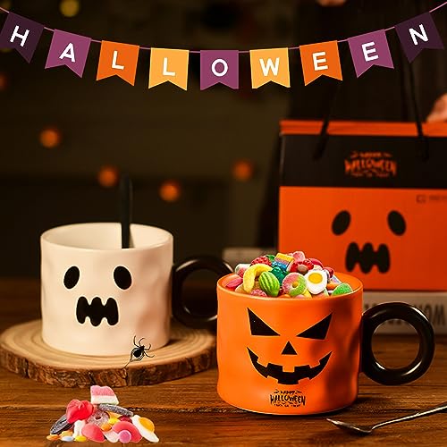 Halloween Kürbis Tasse, Niedliche Keramik Halloween Becher mit Edelstahl Schaufel, 450 ml Kreativ Herbst Tasse mit Exquisit Geschenkbox, Halloween Geschenk, Müslischale Süßigkeiten-Keksdose (2 Stück) von Lergas