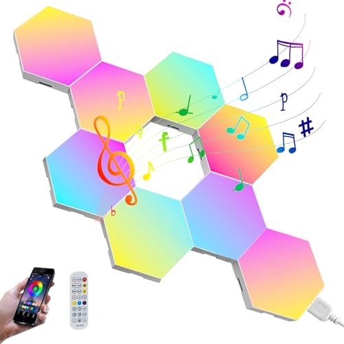 Hexagon LED Panel Wandleuchte 8 Stück Sechseck DIY Geometrie Spleißen Quantum Leuchte Intelligente Hexagon RGB Panel App Steuerung USB Hexagon Panel Licht für Gaming Zimmer Deko, Wanddeko (8) von Lergas