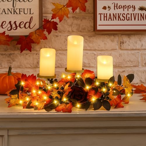 Kerzenständer mit LED, Herbst Kerzenhalter Stumpenkerzen, Herbstdeko Tisch Kerzenständer mit 3 Armen Metall Tablett, Rose Ahornblatt Hortensie Tischdeko Herbst Kerzenhalter,Thanksgiving Deko (Gold) von Lergas