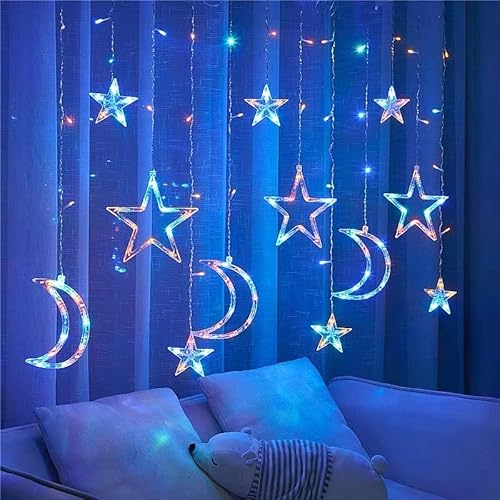 LED Sterne Mond Lichterkette Innen, 3.5M Lichtervorhang Innen, 8 Modi Lichterkette Fenster mit Timer&Fernbedienung, LED Lichterkette Sterne Mond Batteriebetrieben für Fenster Innen Party (Bunt) von Lergas