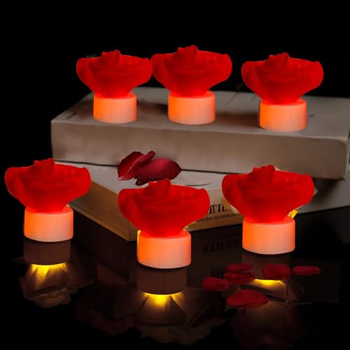 LED Teelichter, 6 Stück Rose LED Kerzen, Romantisch Rosenblätter Elektrische Teelichter LED, Batteriebetrieben Rose LED Teelicht, Rose Flammelose Kerzen für Valentinstag Heiratsantrag Deko (Rot) von Lergas