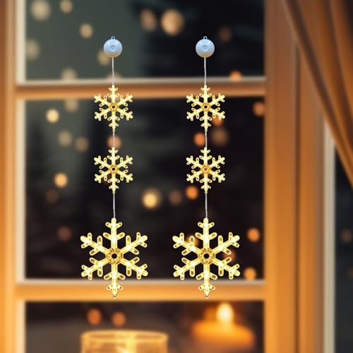 LED Weihnachtsdeko Fenster Beleuchtet, 2 Stück Schneeflocke Fensterdeko Weihnachten, Weihnachtsbeleuchtung Fenster mit Saugnäpfe, Batteriebetrieben Fensterbeleuchtung für Weihnachtsdeko Innen (A) von Lergas
