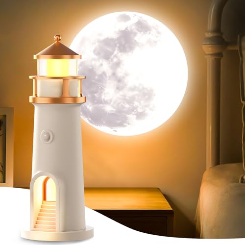 Leuchtturm Deko Lampe, Leuchtturm Lampe mit Mondprojektion, Leuchtturm Projektionslampe mit Automatisches Sensorfunktion, Leuchtturm Projektor Lampe Wiederaufladbar für Schlafzimmer Wohnzimmer (A) von Lergas