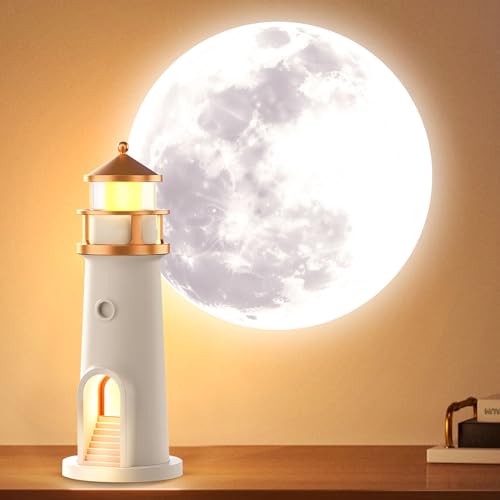 Lergas Leuchtturm Deko Projektor Lampe mit Mondprojektion, Timer Fernbedienung, Wiederaufladbar für Schlafzimmer Wohnzimmer (Weiß, ABS) von Lergas