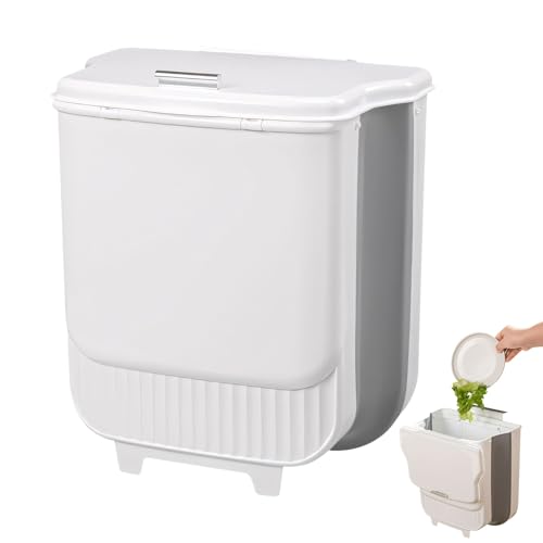 Mülleimer Küche mit Deckel 10L, Faltbarer Kleiner Mülleimer Hängend für Wohnwagen Wohnmobil Camping, Biomülleimer Küche Unter Spüle, Biomüll Behälter Klein, Bio Abfalleimer Komposteimer (Weißgrau) von Lergas