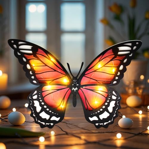 Osterdeko Holz Schmetterling Deko, 3D Ostern Deko Gradient Schmetterlinge, Osterdekoration Hohlem Holzschnitzerei mit LED Licht, Ostern Dekoration Holzdeko für Wohnzimmer Schlafzimmer (Rosa) von Lergas