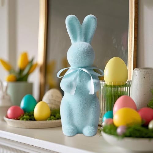 Osterhase Deko Figuren, Osterdeko Beflockte Hasenfigur mit Schleife, Ostern Tischdeko Hase Figuren, Niedliche Osterhase Deko Figur aus Schaum für Ostern Tischdekoration, Heimdekoration (Blau) von Lergas