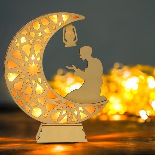 Ramadan Deko LED Holz Lampe, Eid Mubarak Dekoration Lampe, LED Holz Crescent Mond Ramadan Laterne, Muslim Islam Mond Lichter für Ramadan Mubarak Dekoration, Islam Deko, Ramadan Geschenke (A) von Lergas