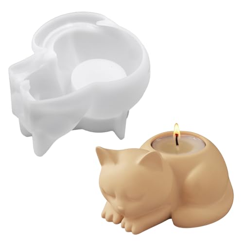 Silikonform Kerzenhalter Tiere, 3D Silikonformen Gießformen Kerzenhalter, Gießform Tiere, Silikonform Teelichthalter, Gießformen Silikon Gießform Kerzenbecher, DIY Gipsformen zum Gießen (Katze) von Lergas