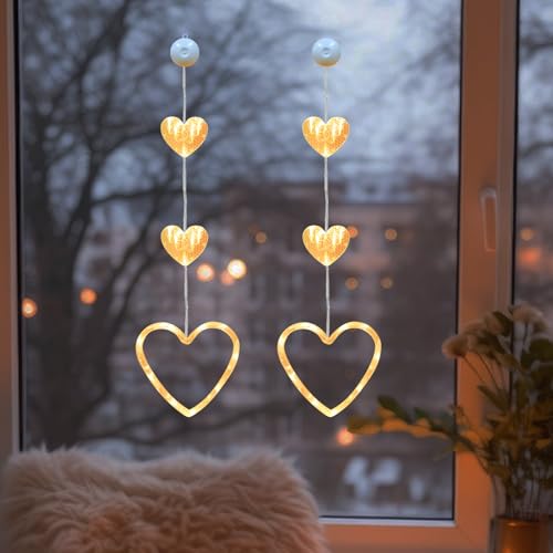 Valentinstag Deko Herz Fensterbeleuchtung, 2 Stück LED Herz Lichterkette mit Saugnäpfe, Aufhängbar Fensterbeleuchtung Batteriebetrieben für Valentinstag Deko, Fensterdeko, Heiratsantrag Deko (B) von Lergas