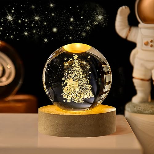 Weihnachtsdeko Kristallkugel Nachtlicht, 3D Lasergravur Weihnachten Glaskugel, 6cm Glaskugel Lampe mit Holzsockel, USB Aufladung Schneekugel Nachtlampe für Raumdekoration, Schönes Geschenk (B) von Lergas