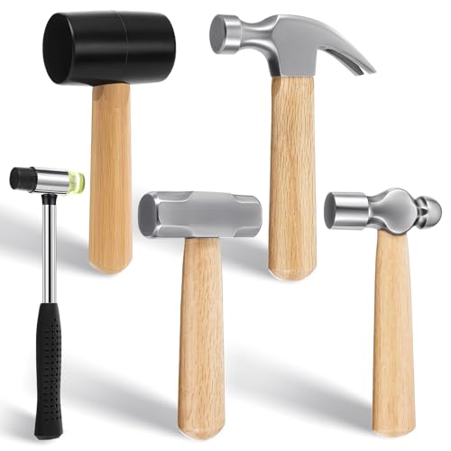 Leriton Mini-Vorschlaghammer, Kugelhammer, Gummi-Klauenhammer mit kurzem Holzgriff, doppelseitiges Schlägel-Set für leichte Reparaturen zu Hause, 5 Stück, 45,7 cm, 25,7 cm, 25,7 cm, 25,7 cm, 10,4 l von Leriton