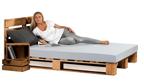 Lermowood Palettenbett M1 aus Holz 180 x 200 cm Eiche mit Kopfteil Holzbett 20cm Stabiles Seniorenbett Kinderbett Jugendbett Gästebett erhöhtes Einzelbett Bettgestell Futonbett Komforthöhe Naturholz von Lermowood