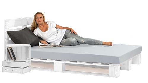 Lermowood Palettenbett M1 aus Holz 240 x 200 cm Weiß mit Kopfteil Holzbett 20cm Stabiles Seniorenbett Kinderbett Jugendbett Gästebett erhöhtes Einzelbett Bettgestell Futonbett Komforthöhe Naturholz von Lermowood