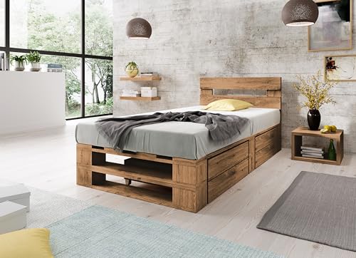 Lermowood Palettenbett M2 aus Holz 100 x 200 cm Eiche mit Kopfteil und 2 Bettkästen Holzbett 30cm Stabiles Seniorenbett Kinderbett Jugendbett Gästebett erhöhtes Bettgestell Futonbett Komforthöhe Lermowood Palettenbett M2 aus Holz 100 x 200 cm Eiche mit Kopfteil und 2 Bettkästen Holzbett 30cm Stabiles Seniorenbett Kinderbett Jugendbett Gästebett erhöhtes Bettgestell Futonbett Komforthöhe von Lermowood