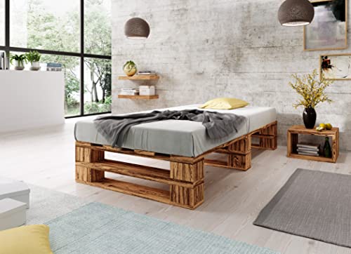 Lermowood Palettenbett M2 aus Holz 100 x 200 cm Geflammt mit Lattenrost Holzbett 30cm Stabiles Seniorenbett Kinderbett Jugendbett Gästebett erhöhtes Einzelbett Bettgestell Futonbett Komforthöhe von Lermowood