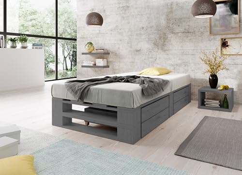 Lermowood Palettenbett M2 aus Holz 100 x 200 cm Grau mit Lattenrost und 2 Bettkästen Holzbett 30cm Stabiles Seniorenbett Kinderbett Jugendbett Gästebett erhöhtes Bettgestell Futonbett Komforthöhe von Lermowood