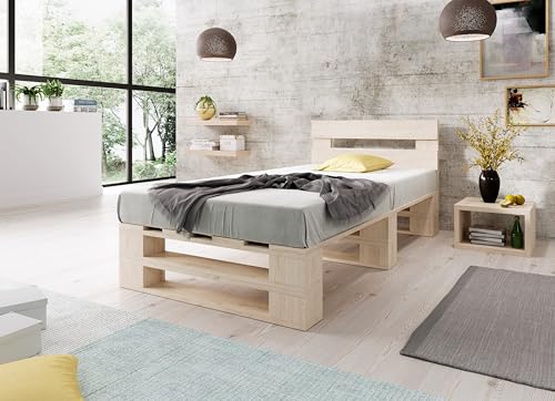 Lermowood Palettenbett M2 aus Holz 100 x 200 cm Natur mit Kopfteil Holzbett 40cm Stabiles Seniorenbett Kinderbett Jugendbett Gästebett erhöhtes Einzelbett Bettgestell Futonbett Komforthöhe Naturholz von Lermowood