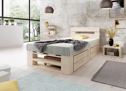 Lermowood Palettenbett M2 aus Holz 100 x 200 cm Natur mit Kopfteil und 2 Bettkästen Holzbett 30cm Stabiles Seniorenbett Kinderbett Jugendbett Gästebett erhöhtes Bettgestell Futon Komforthöhe Naturholz von Lermowood