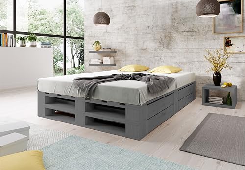 Lermowood Palettenbett M2 aus Holz 140 x 200 cm Grau mit Lattenrost und 2 Bettkästen Holzbett 30cm Stabiles Seniorenbett Kinderbett Jugendbett Gästebett erhöhtes Bettgestell Futonbett Komforthöhe von Lermowood