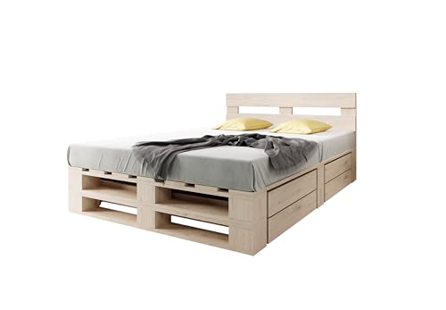 Lermowood Palettenbett M2 aus Holz 140 x 200 cm Natur mit Kopfteil und 2 Bettkästen Holzbett 40cm Stabiles Seniorenbett Kinderbett Jugendbett Gästebett erhöhtes Bettgestell Futon Komforthöhe Naturholz von Lermowood