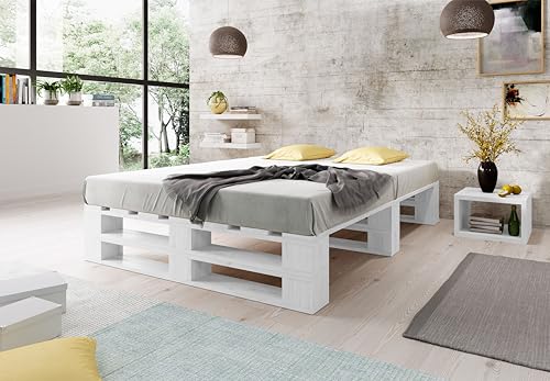 Lermowood Palettenbett M2 aus Holz 140 x 200 cm Weiß mit Lattenrost Holzbett 30cm Stabiles Seniorenbett Kinderbett Jugendbett Gästebett erhöhtes Einzelbett Bettgestell Futonbett Komforthöhe von Lermowood