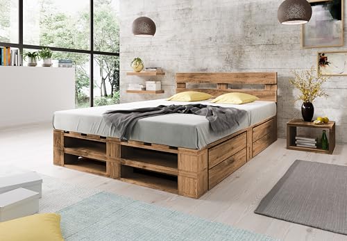 Lermowood Palettenbett M2 aus Holz 160 x 200 cm Eiche mit Kopfteil und 2 Bettkästen Holzbett 30cm Stabiles Seniorenbett Kinderbett Jugendbett Gästebett erhöhtes Bettgestell Futonbett Komforthöhe von Lermowood
