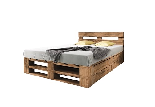 Lermowood Palettenbett M2 aus Holz 160 x 200 cm Eiche mit Kopfteil und 2 Bettkästen Holzbett 40cm Stabiles Seniorenbett Kinderbett Jugendbett Gästebett erhöhtes Bettgestell Futonbett Komforthöhe von Lermowood