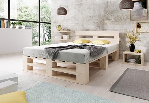 Lermowood Palettenbett M2 aus Holz 160 x 200 cm Natur mit Kopfteil Holzbett 30cm Stabiles Seniorenbett Kinderbett Jugendbett Gästebett erhöhtes Einzelbett Bettgestell Futonbett Komforthöhe Naturholz von Lermowood