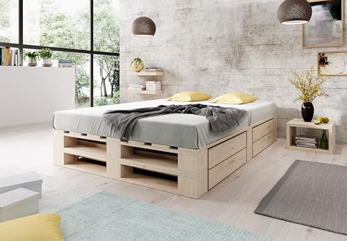 Lermowood Palettenbett M2 aus Holz 160 x 200 cm Natur mit Lattenrost und 2 Bettkästen Holzbett 30cm Stabiles Seniorenbett Kinderbett Jugendbett Gästebett erhöhtes Bettgestell Futonbett Komforthöhe von Lermowood