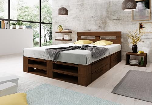 Lermowood Palettenbett M2 aus Holz 160 x 200 cm Palisander mit Kopfteil und 2 Bettkästen Holzbett 30cm Stabiles Seniorenbett Kinderbett Jugendbett Gästebett erhöhtes Bettgestell Futonbett Komforthöhe von Lermowood