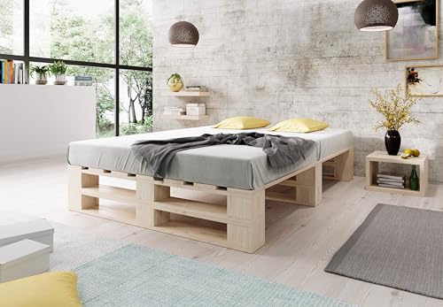 Lermowood Palettenbett M2 aus Holz 180 x 200 cm Natur mit Lattenrost Holzbett 30cm Stabiles Seniorenbett Kinderbett Jugendbett Gästebett erhöhtes Einzelbett Bettgestell Futonbett Komforthöhe Naturholz von Lermowood