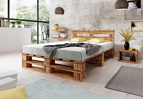Lermowood Palettenbett M2 aus Holz 200 x 200 cm Geflammt mit Kopfteil Holzbett 30cm Stabiles Seniorenbett Kinderbett Jugendbett Gästebett erhöhtes Einzelbett Bettgestell Futon Komforthöhe Naturholz von Lermowood