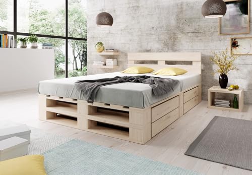 Lermowood Palettenbett M2 aus Holz 200 x 200 cm Natur mit Kopfteil und 2 Bettkästen Holzbett 30cm Stabiles Seniorenbett Kinderbett Jugendbett Gästebett erhöhtes Bettgestell Futon Komforthöhe Naturholz von Lermowood