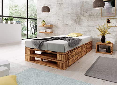Lermowood Palettenbett M2 aus Holz 90 x 200 cm Geflammt mit Lattenrost und 2 Bettkästen Holzbett 40cm Stabiles Seniorenbett Kinderbett Jugendbett Gästebett erhöhtes Bettgestell Futonbett Komforthöhe von Lermowood