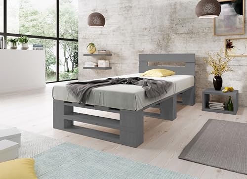 Lermowood Palettenbett M2 aus Holz 90 x 200 cm Grau mit Kopfteil Holzbett 30cm Stabiles Seniorenbett Kinderbett Jugendbett Gästebett erhöhtes Einzelbett Bettgestell Futonbett Komforthöhe Naturholz von Lermowood