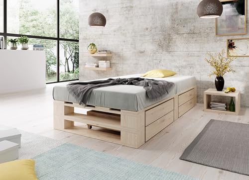 Lermowood Palettenbett M2 aus Holz 90 x 200 cm Natur mit Lattenrost und 2 Bettkästen Holzbett 40cm Stabiles Seniorenbett Kinderbett Jugendbett Gästebett erhöhtes Bettgestell Futonbett Komforthöhe von Lermowood