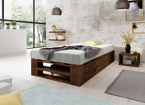 Lermowood Palettenbett M2 aus Holz 90 x 200 cm Palisander mit Lattenrost und 2 Bettkästen Holzbett 30cm Stabiles Seniorenbett Kinderbett Jugendbett Gästebett erhöhtes Bettgestell Futonbett Komforthöhe von Lermowood